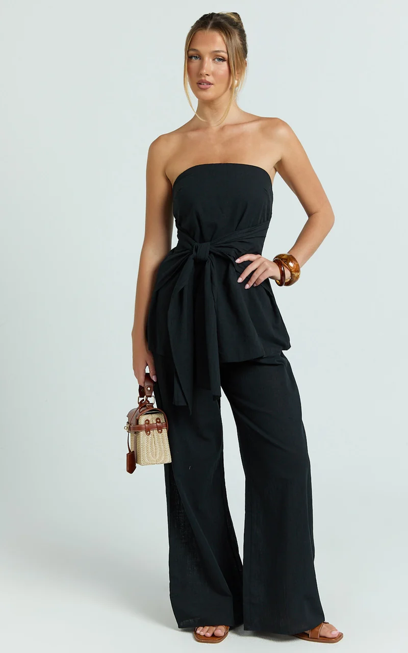 Cora Paige Two Piece Set - Strapless Tie Detail Top and Wide Leg Pant Set in Black