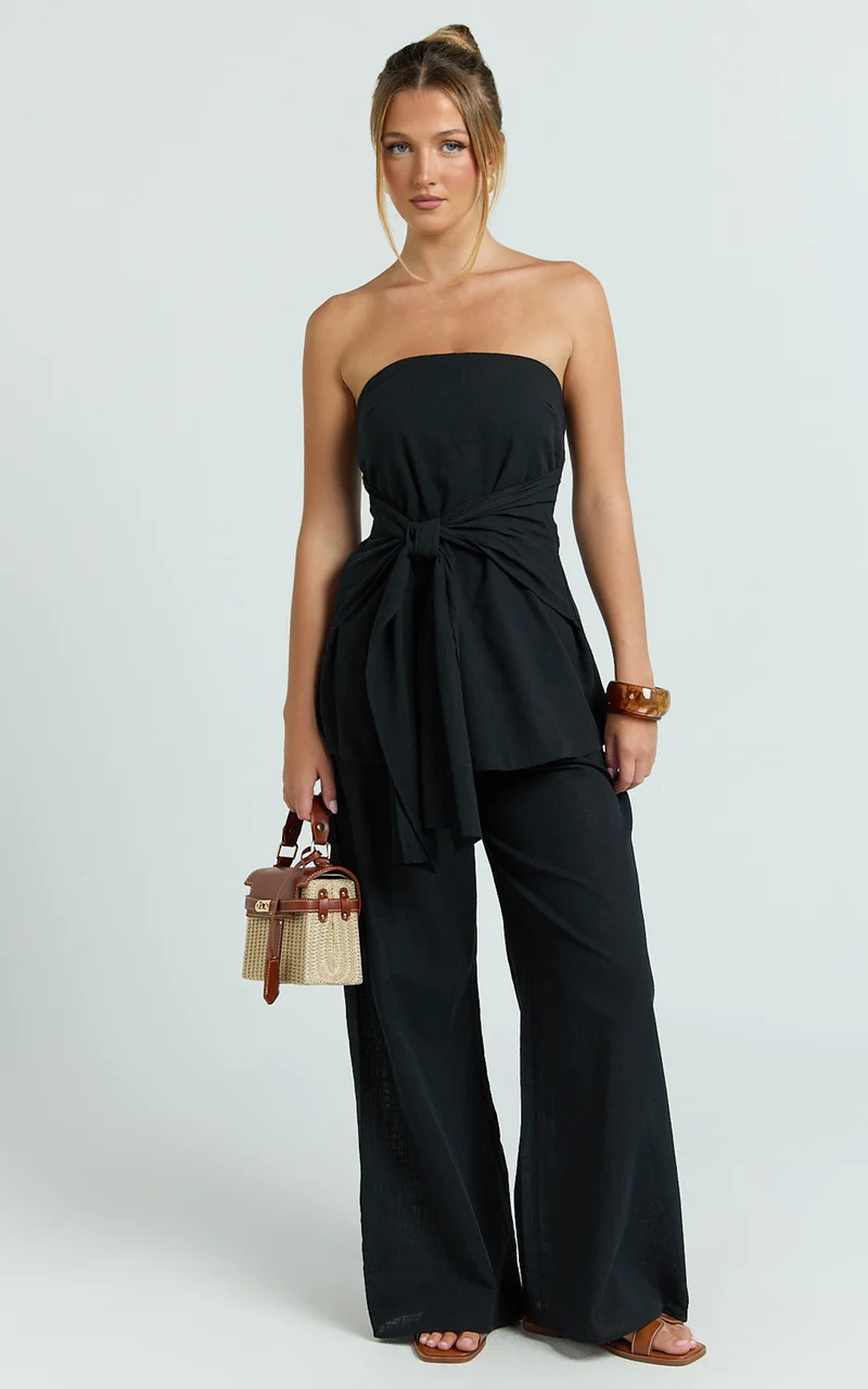 Cora Paige Two Piece Set - Strapless Tie Detail Top and Wide Leg Pant Set in Black