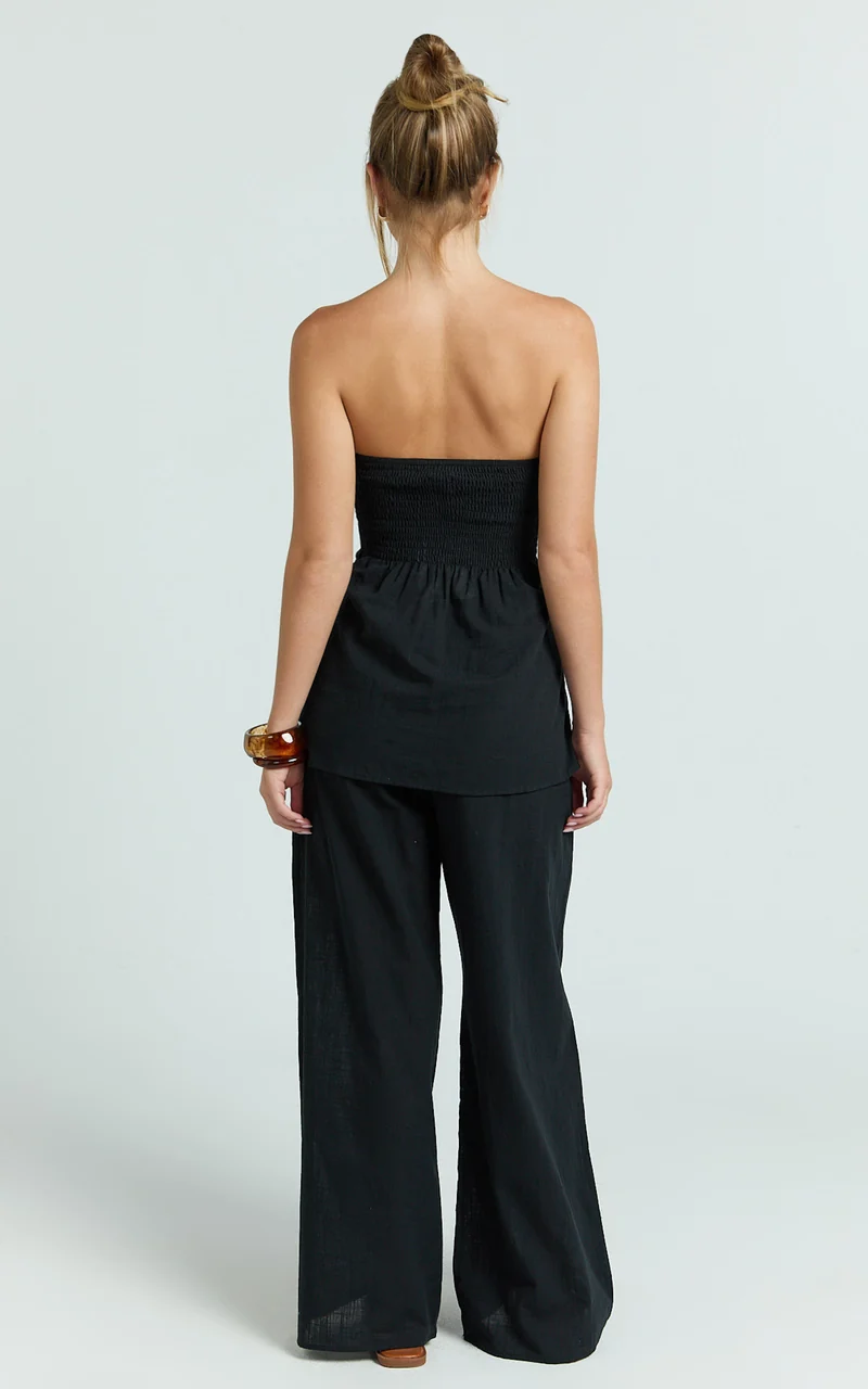 Cora Paige Two Piece Set - Strapless Tie Detail Top and Wide Leg Pant Set in Black