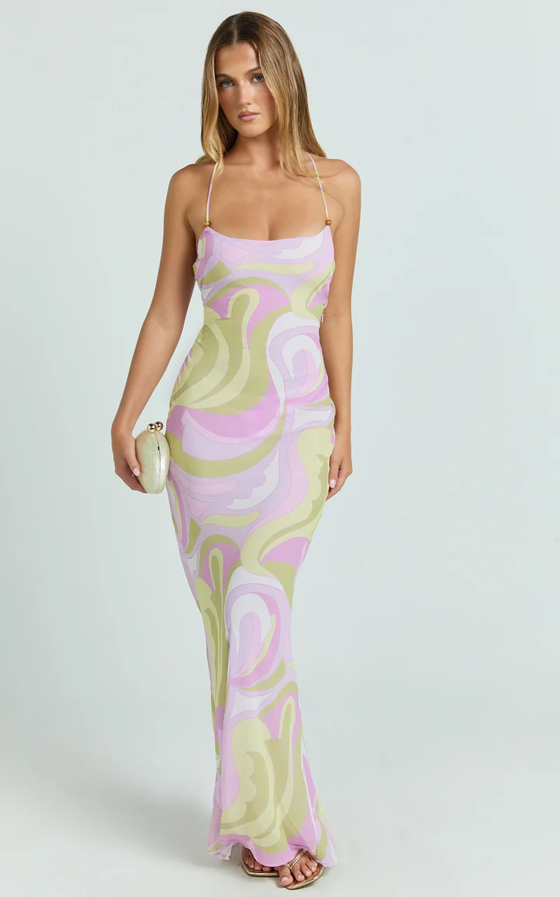 Krishna Maxi Dress - Strappy Scoop Neck Tie Back Dress in Pucci Print