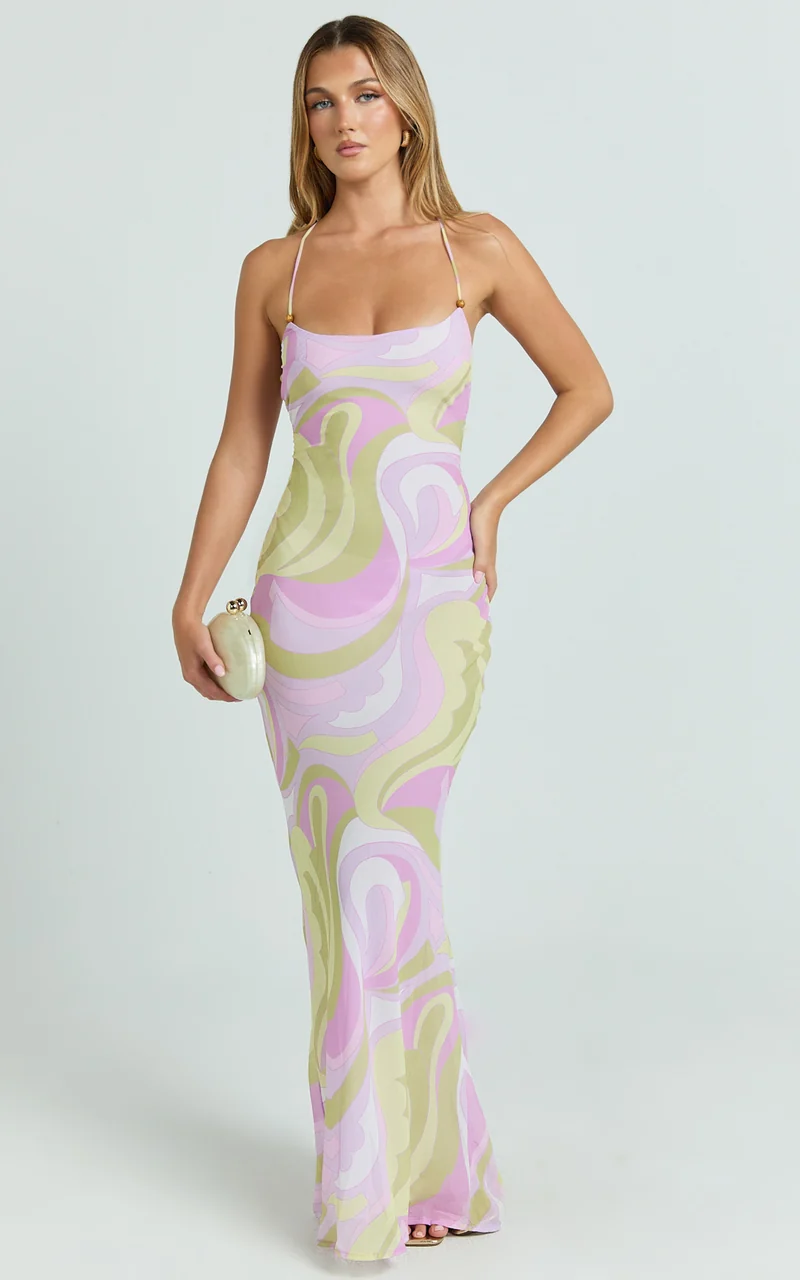 Krishna Maxi Dress - Strappy Scoop Neck Tie Back Dress in Pucci Print