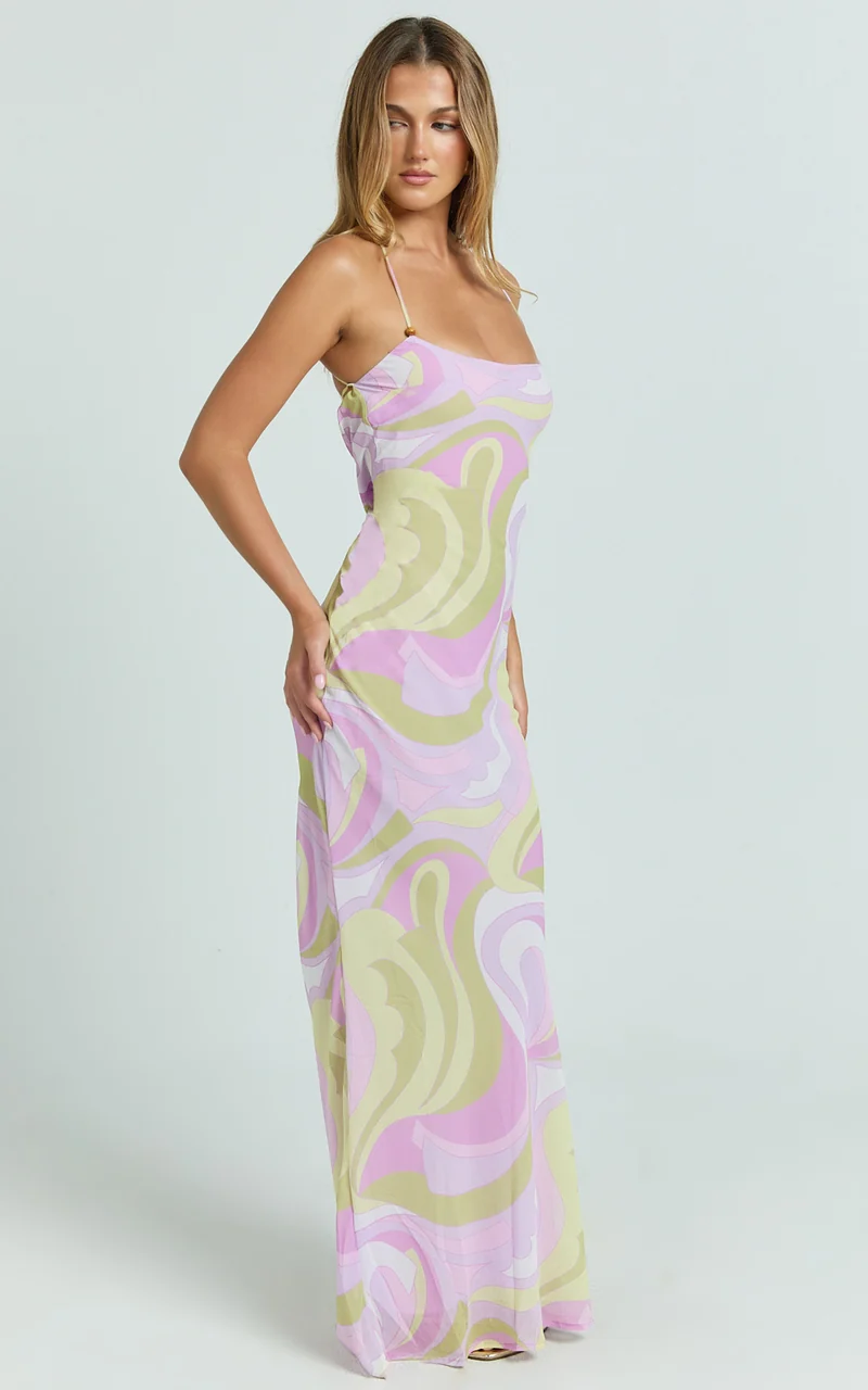 Krishna Maxi Dress - Strappy Scoop Neck Tie Back Dress in Pucci Print