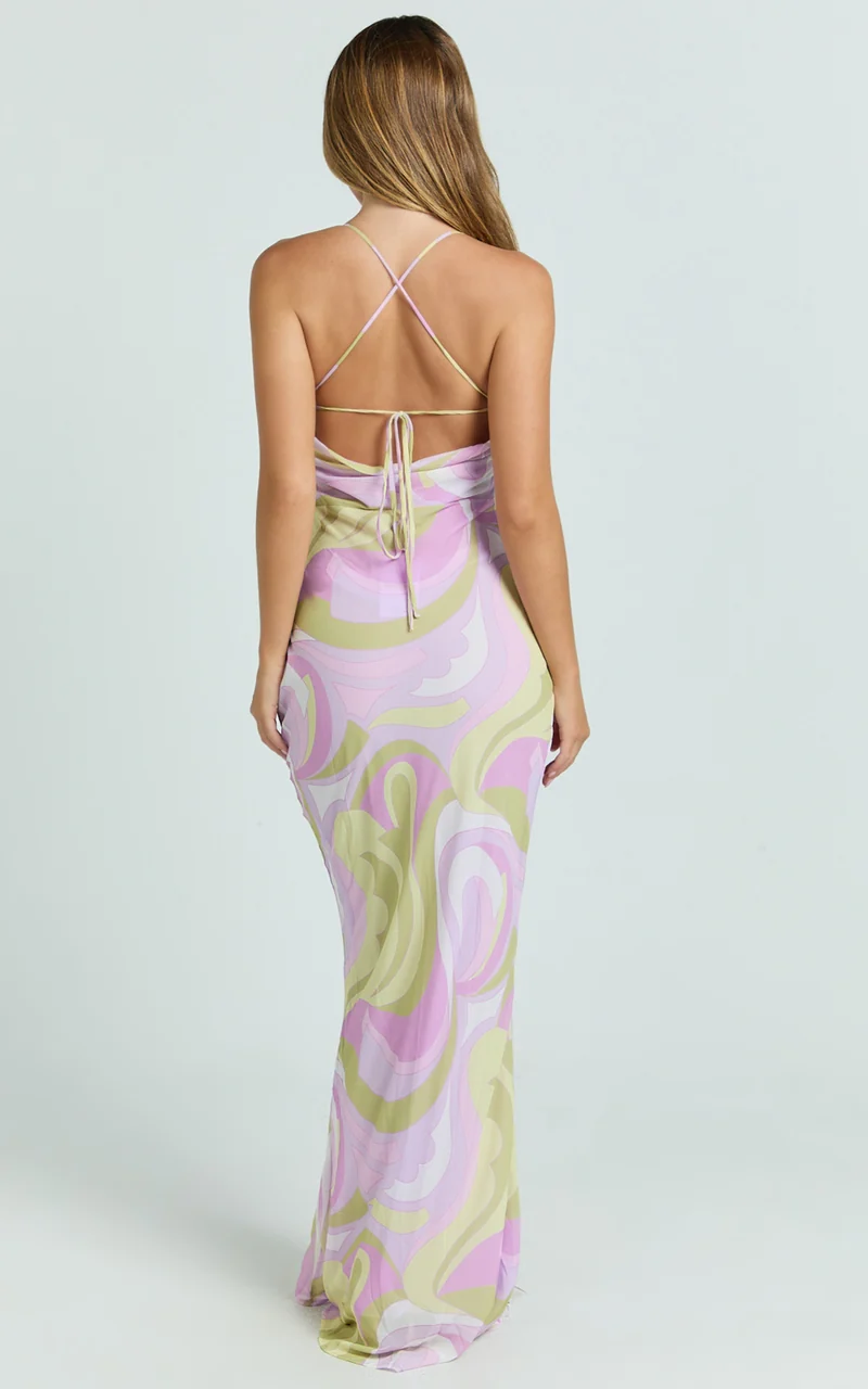 Krishna Maxi Dress - Strappy Scoop Neck Tie Back Dress in Pucci Print