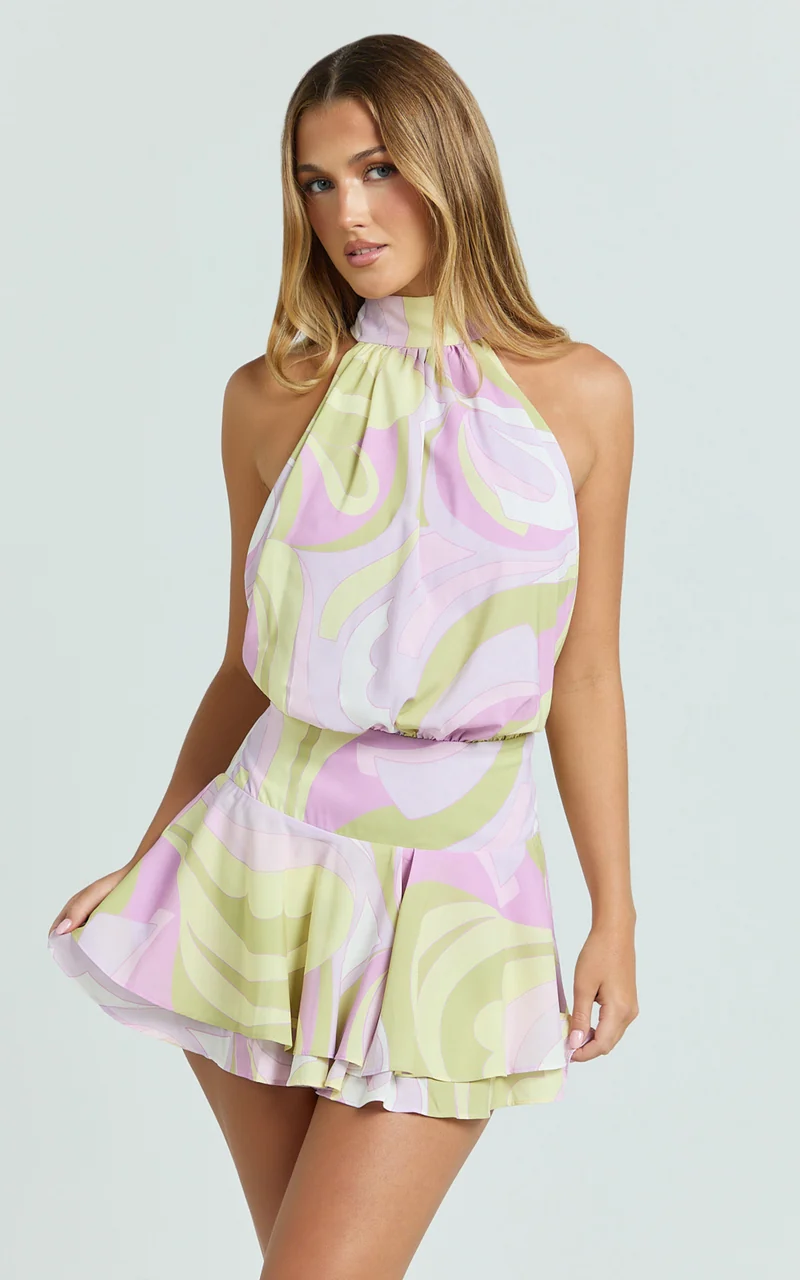 Bryonie Mini Dress - Backless Halter Dress in Pucci Print