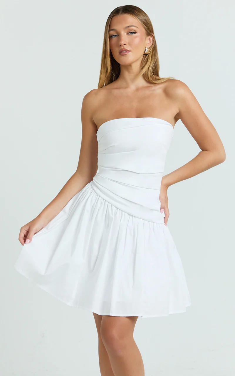 Almera Mini Dress - Strapless Ruched Dress in White
