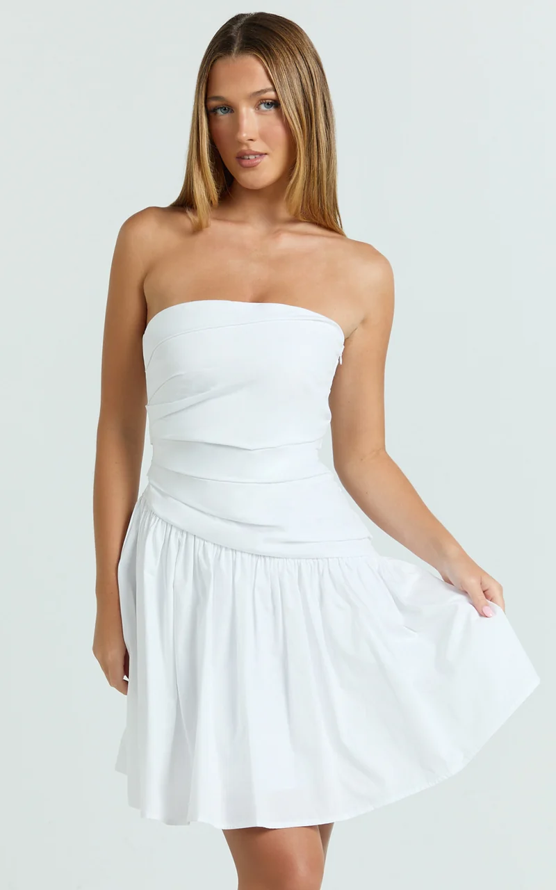 Almera Mini Dress - Strapless Ruched Dress in White