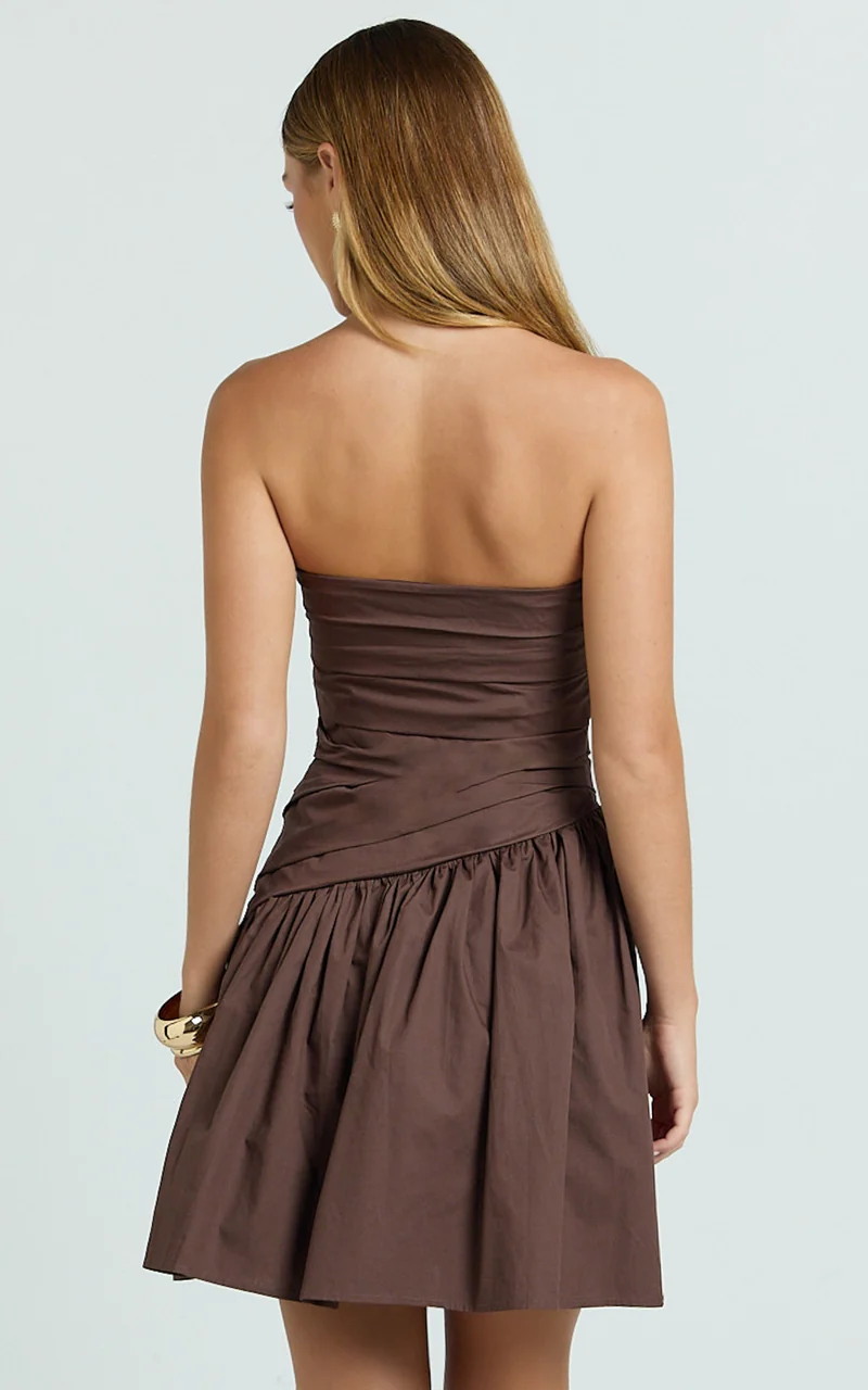 Almera Mini Dress - Strapless Ruched Dress in Chocolate