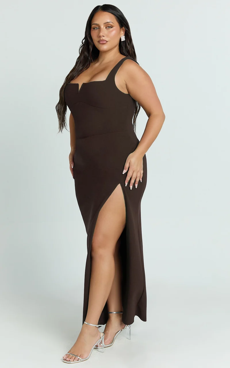 Thelma Maxi Dress - Square Neck Bodycon Dress in Chocolate