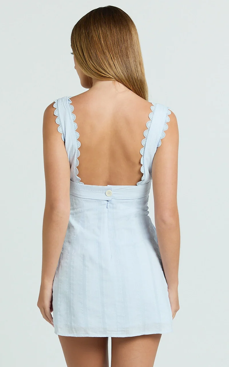 Sylvia Mini Dress - Square Neck Lace Trim A Line Mini Dress in Blue