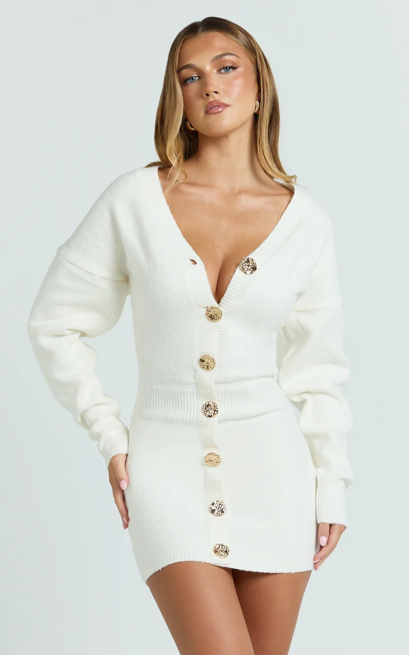 Demelza Mini Dress - Knit Button Down Blouson Cardigan Mini Dress in Cream