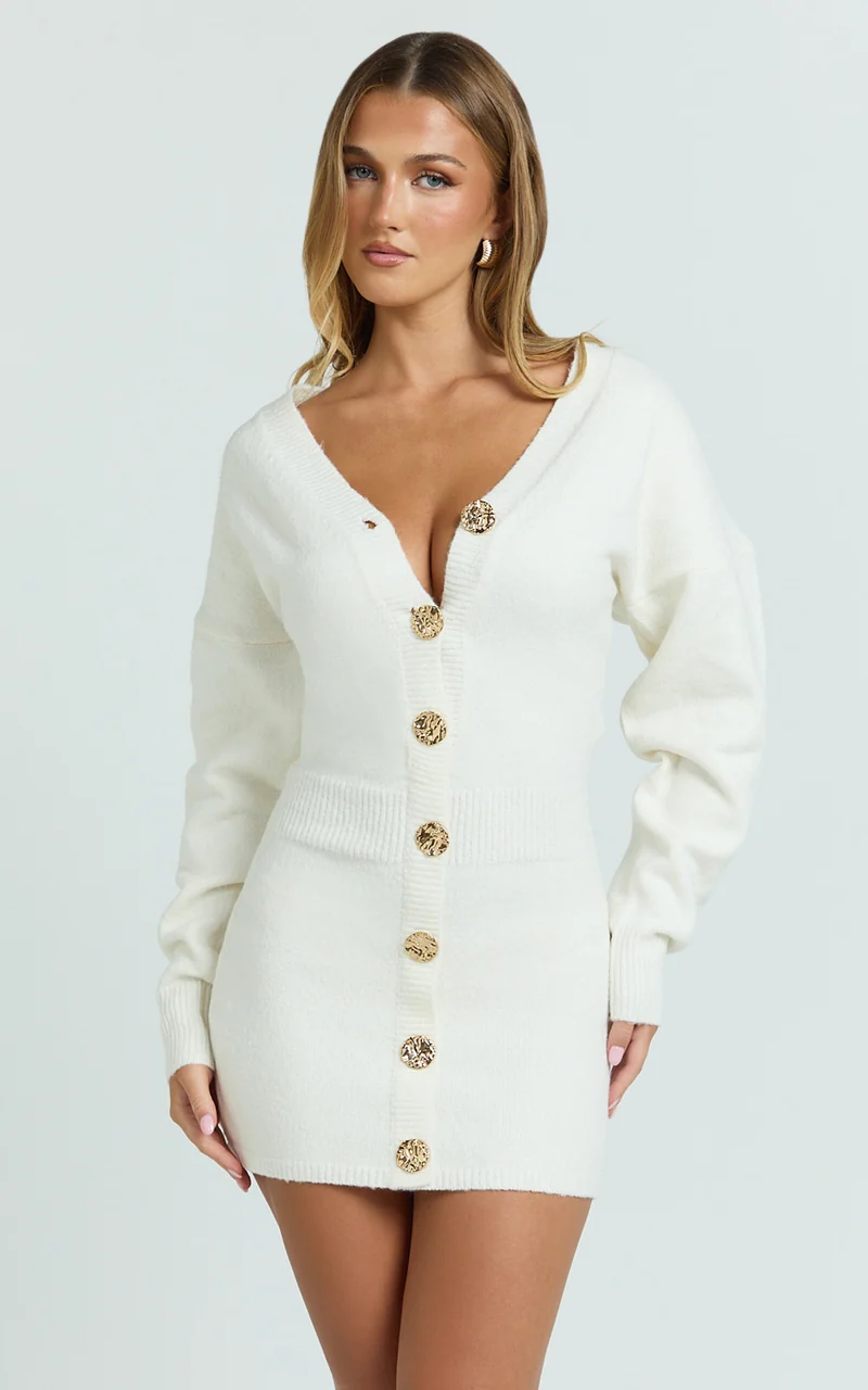 Demelza Mini Dress - Knit Button Down Blouson Cardigan Mini Dress in Cream