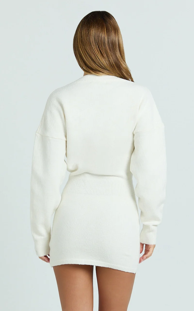 Demelza Mini Dress - Knit Button Down Blouson Cardigan Mini Dress in Cream