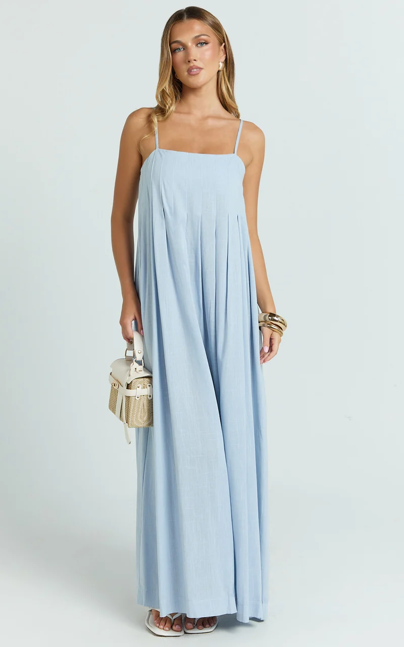 Cloe Maxi Dress - Pleated Detail Dress in Blue
