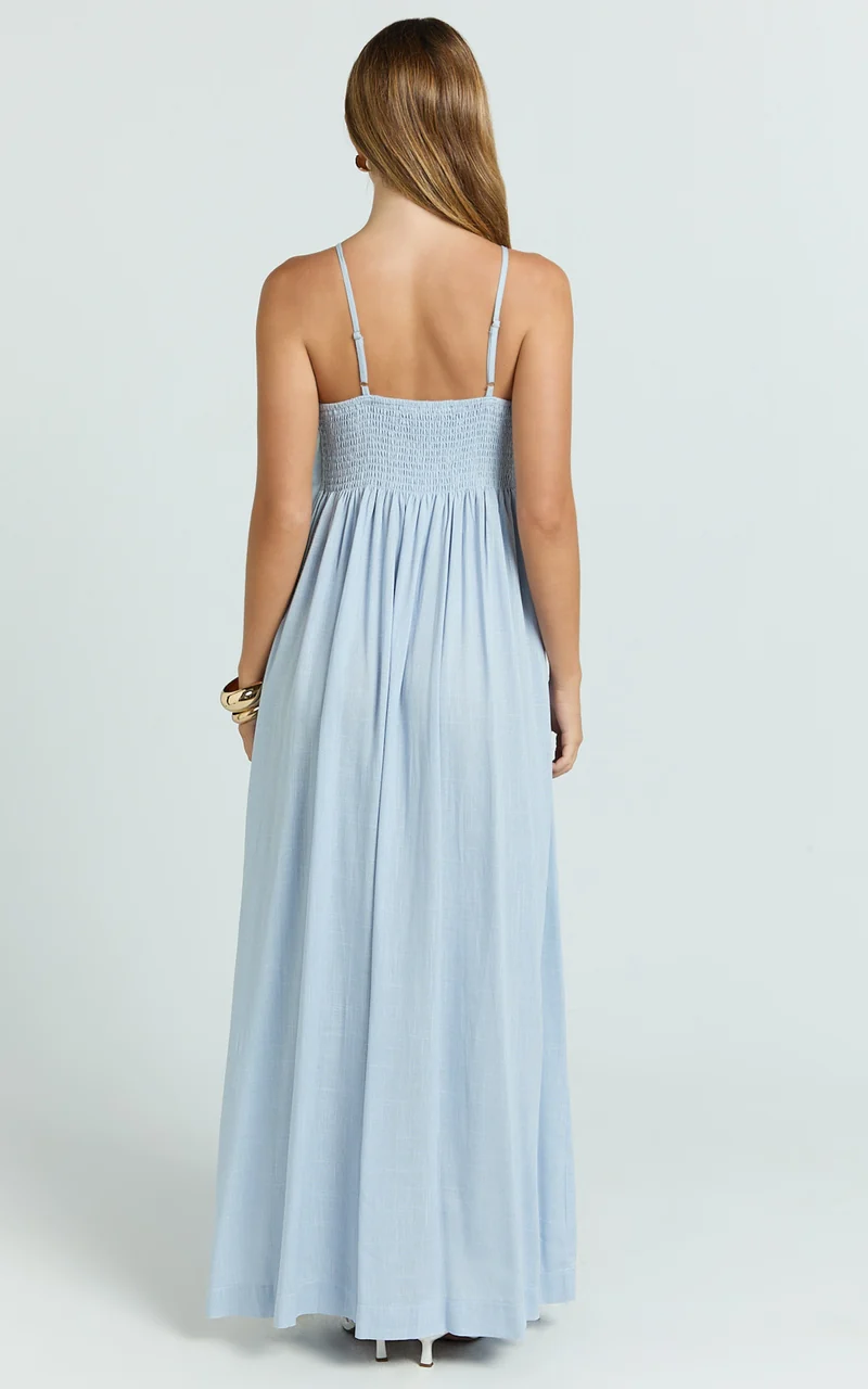 Cloe Maxi Dress - Pleated Detail Dress in Blue