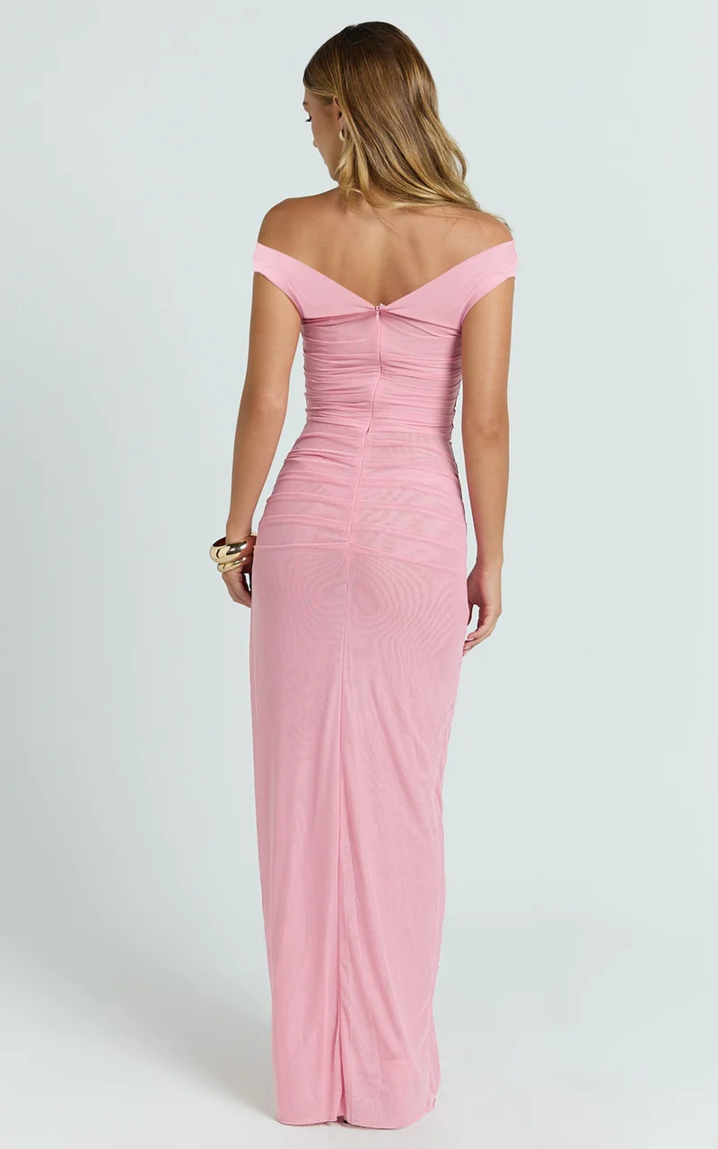 Harrison Maxi Dress - Off Shoulder Ruche Wide Waistband Long Skirt Mesh Dress in Pink