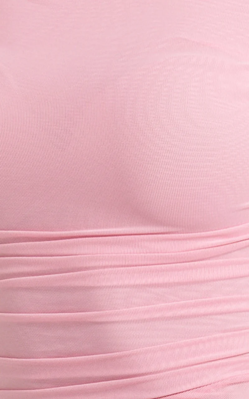 Harrison Maxi Dress - Off Shoulder Ruche Wide Waistband Long Skirt Mesh Dress in Pink