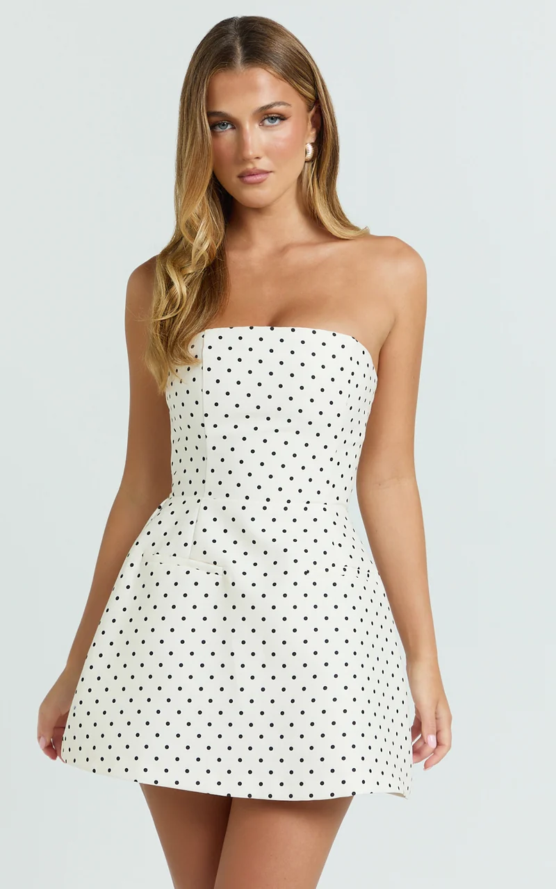 Benson Playsuit - Strapless Fit and Flare Playsuit in White Polka Dot