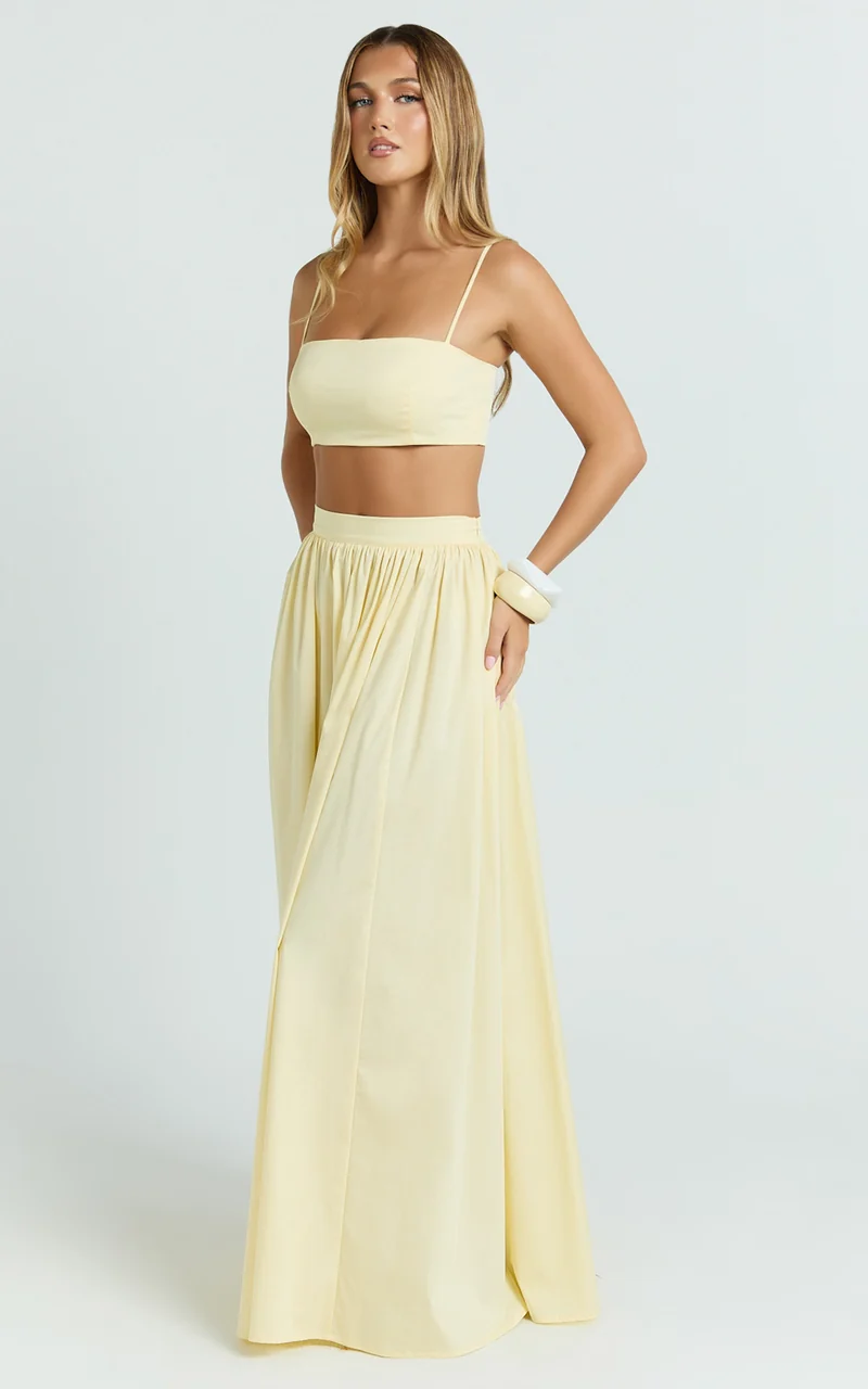 Tegan Two Piece Set - Straight Neck Micro Crop Top and A Line Maxi Skirt Set in Butter Yellow
