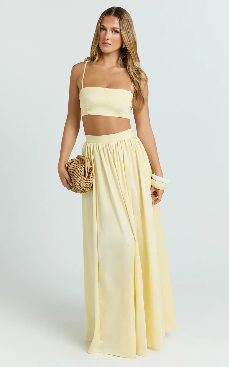 Tegan Two Piece Set - Straight Neck Micro Crop Top and A Line Maxi Skirt Set in Butter Yellow