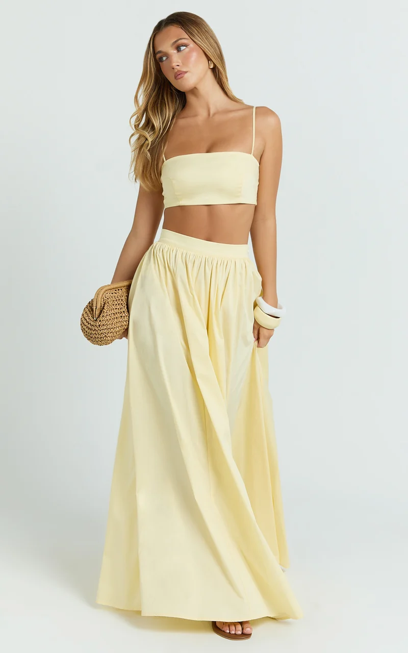 Tegan Two Piece Set - Straight Neck Micro Crop Top and A Line Maxi Skirt Set in Butter Yellow