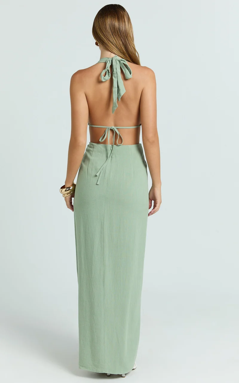 Brooklyn Maxi Dress - Halter Neck Knot Detail Front Split Maxi Dress in Sage