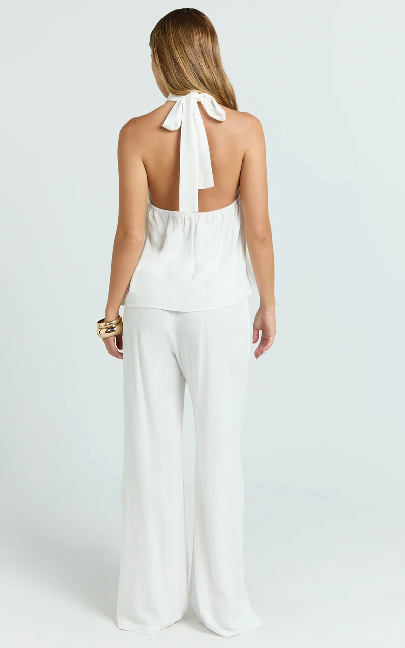 Ingrid Two Piece Set - Knot Detail Halter Neck Top and Wide Leg Pants Set in Off White