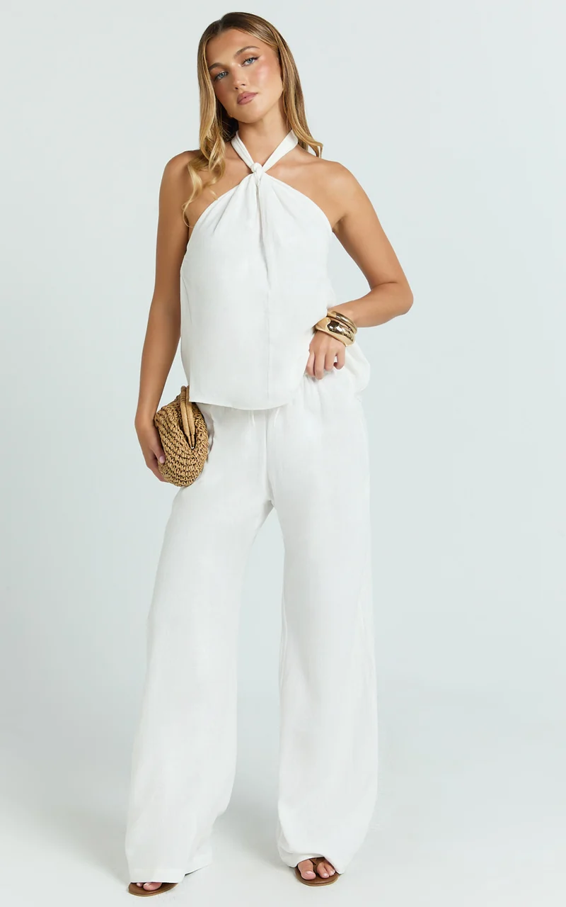 Ingrid Two Piece Set - Knot Detail Halter Neck Top and Wide Leg Pants Set in Off White