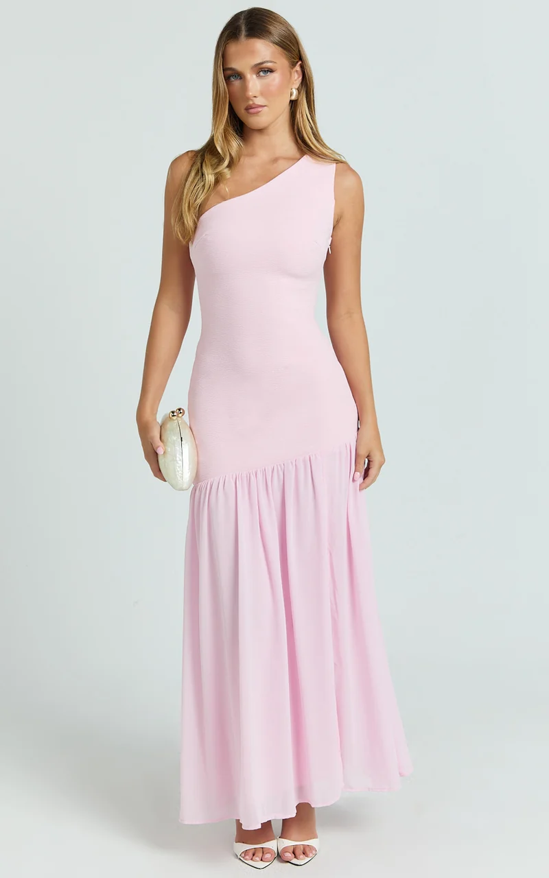 Zia Maxi Dress - One Shoulder Sheer Skirt Dress in Pink