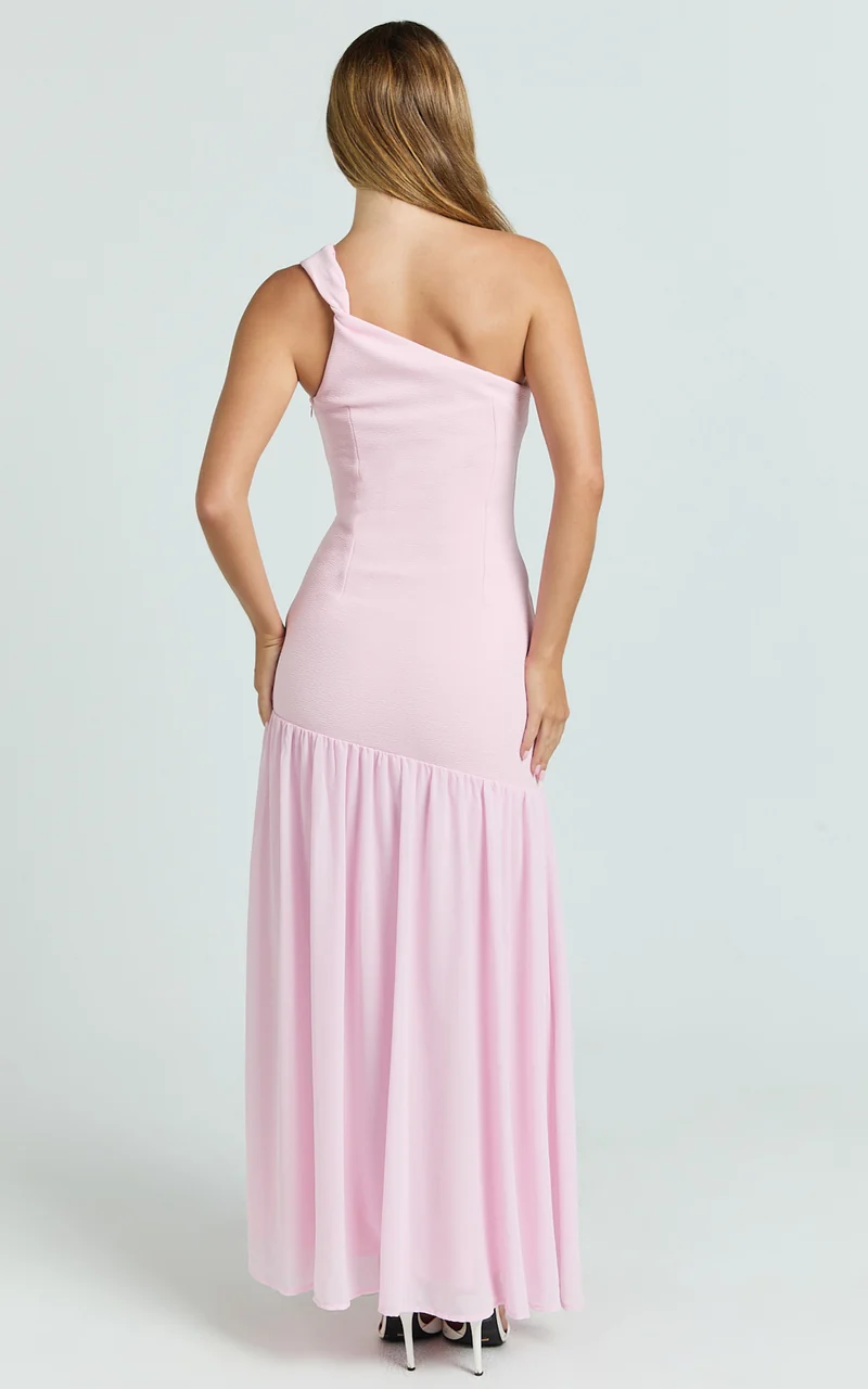Zia Maxi Dress - One Shoulder Sheer Skirt Dress in Pink