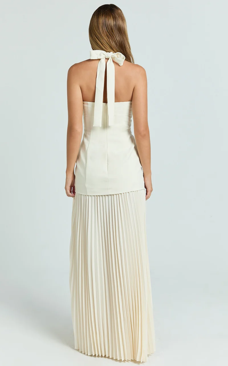 Loretta Maxi Dress - Contrast Halter Neck Pleated Dress in Pastel Yellow