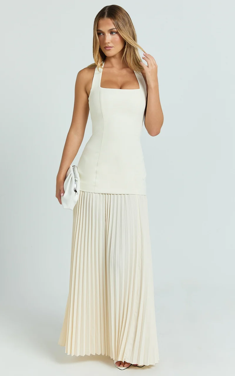 Loretta Maxi Dress - Contrast Halter Neck Pleated Dress in Pastel Yellow