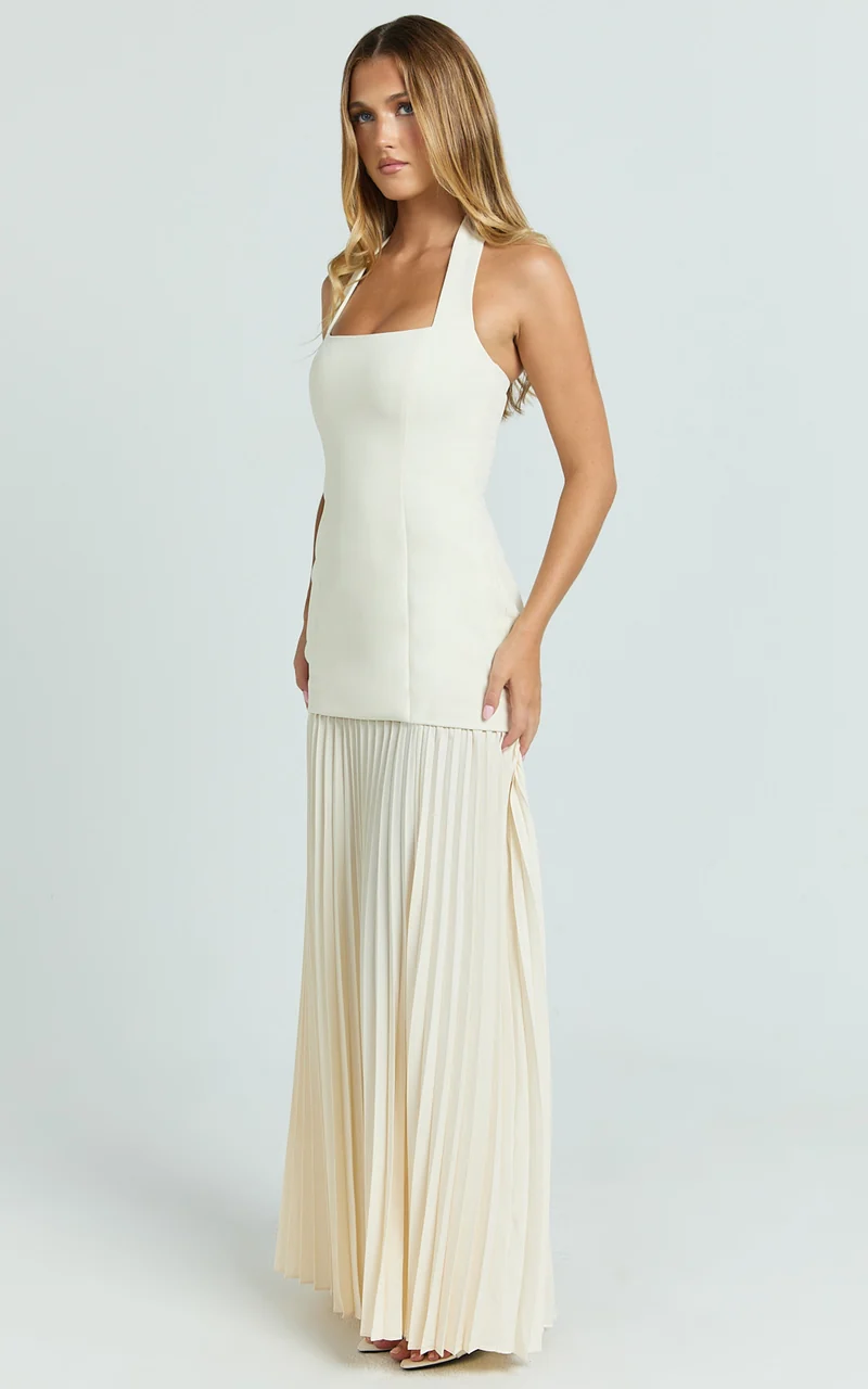 Loretta Maxi Dress - Contrast Halter Neck Pleated Dress in Pastel Yellow