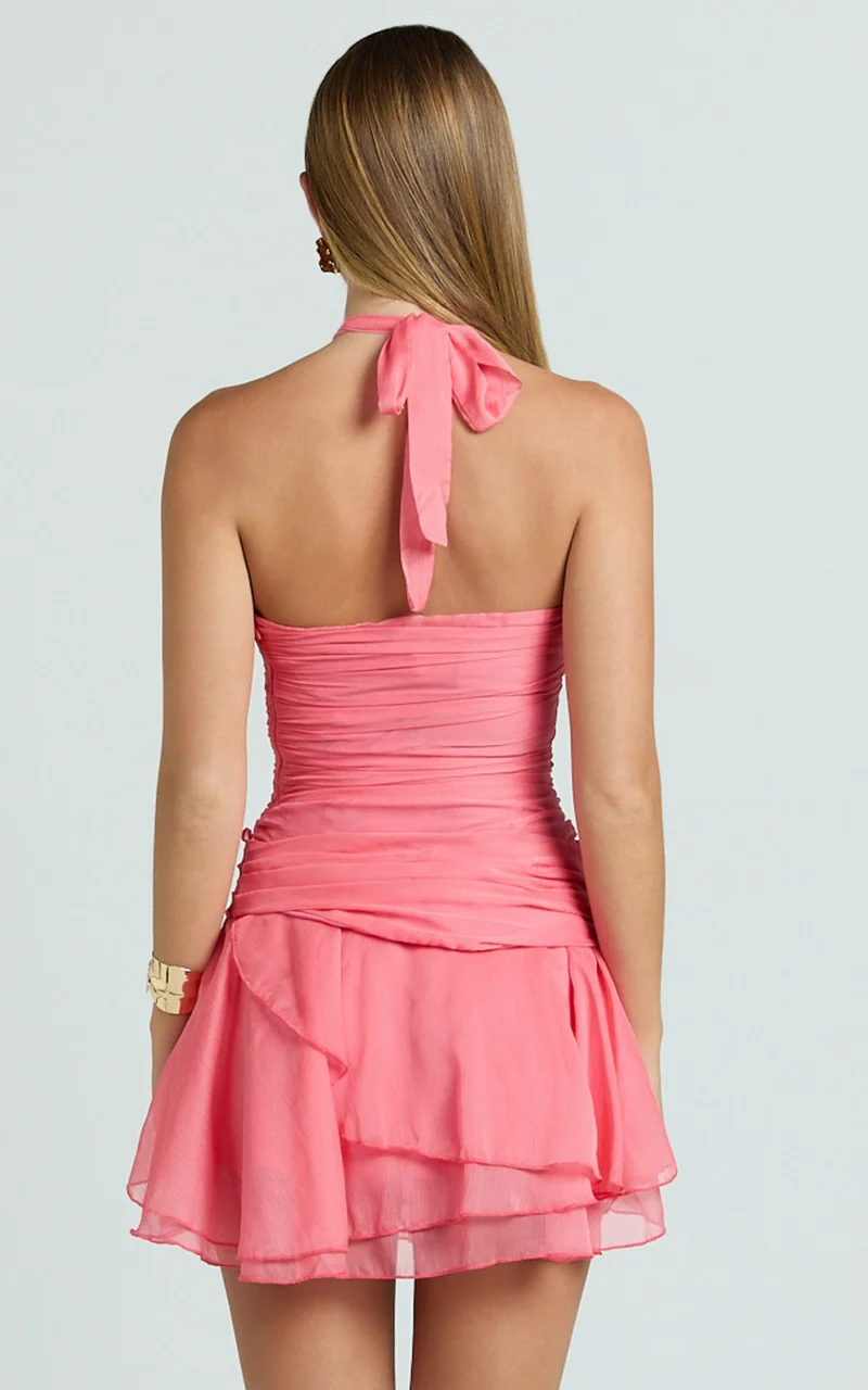 Deanna Mini Dress - Crinkle Halter Neck Asymmetric Tiered Dress in Coral