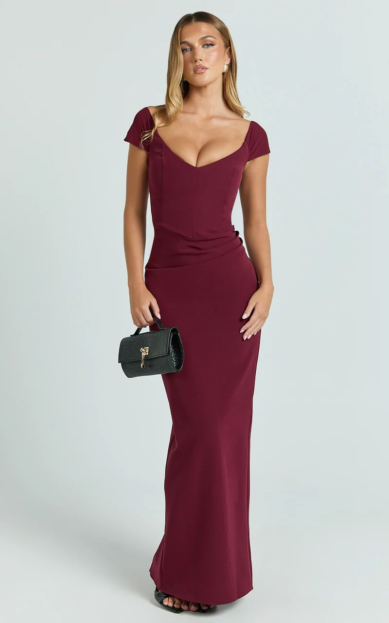 Veronika Maxi Dress - Off Shoulder Plunge High Split Dress in Wine