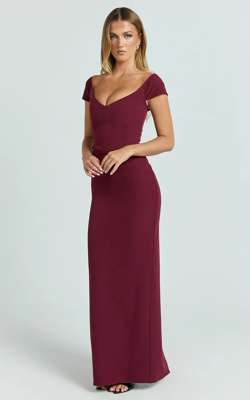 Veronika Maxi Dress - Off Shoulder Plunge High Split Dress in Wine
