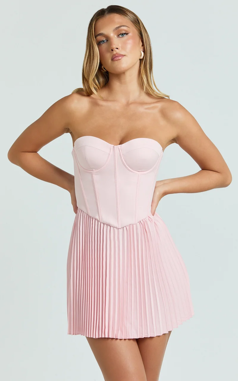 Loretta Mini Dress - Lace Up Corset Pleated Dress in Soft Pink