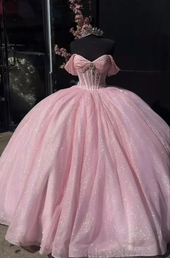 Robe de Quinceanera rose à paillettes et perles