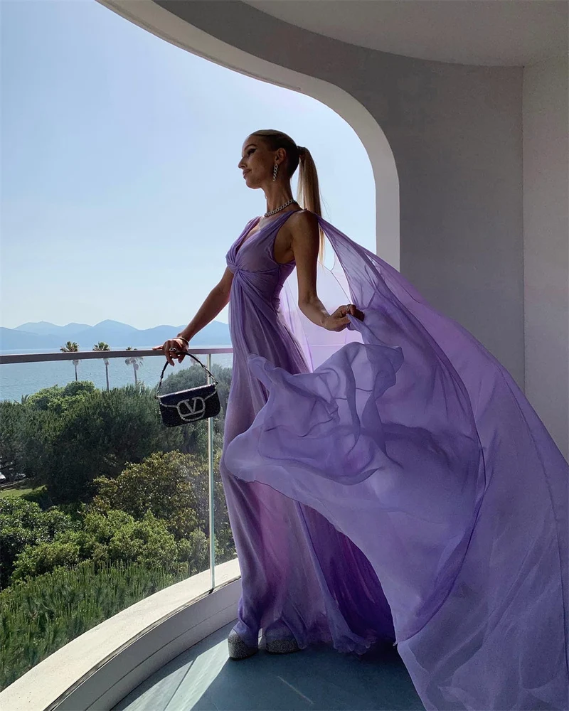 Robe de bal longue lilas, robe de soirée, en mousseline, sans manches, tenue de soirée
