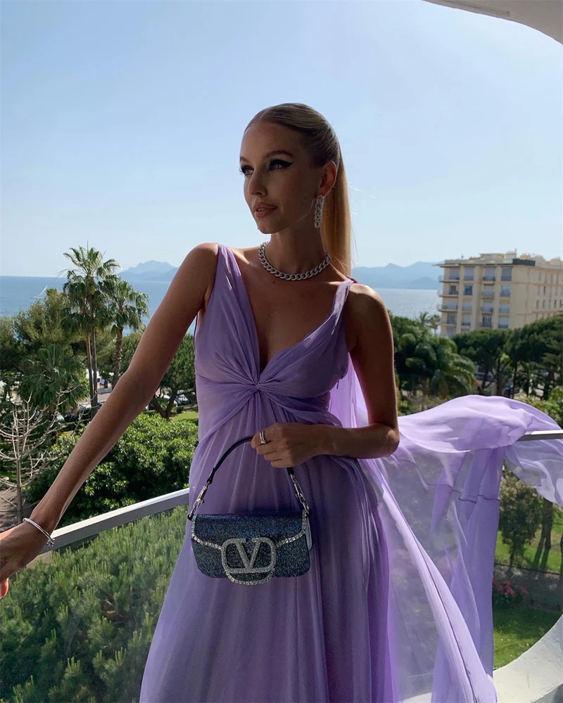 Robe de bal longue lilas, robe de soirée, en mousseline, sans manches, tenue de soirée