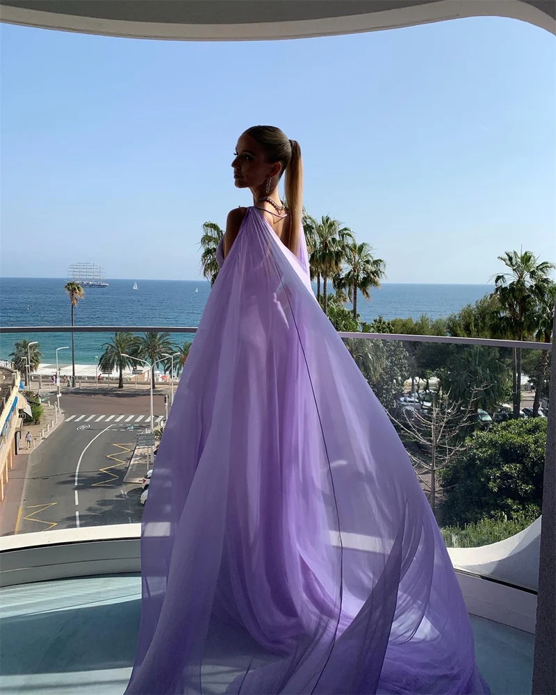 Robe de bal longue lilas, robe de soirée, en mousseline, sans manches, tenue de soirée