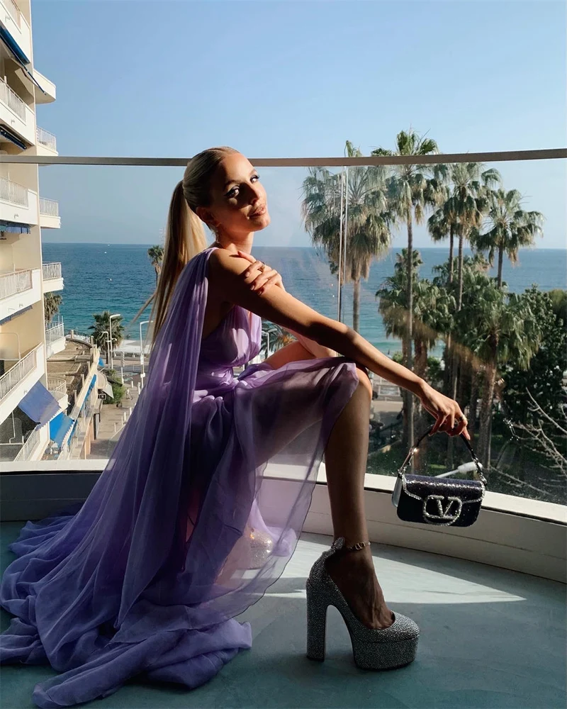 Robe de bal longue lilas, robe de soirée, en mousseline, sans manches, tenue de soirée