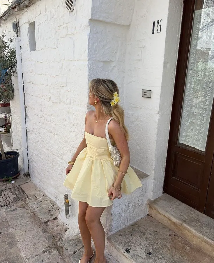 Robe de soirée élégante jaune sans bretelles pour bal de promo, anniversaire