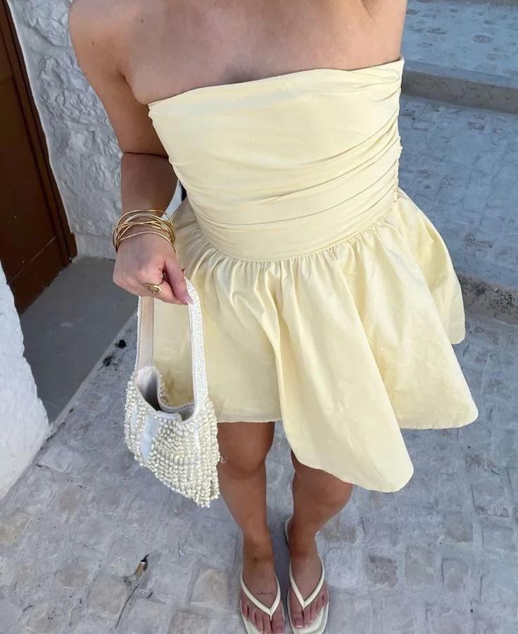 Robe de soirée élégante jaune sans bretelles pour bal de promo, anniversaire