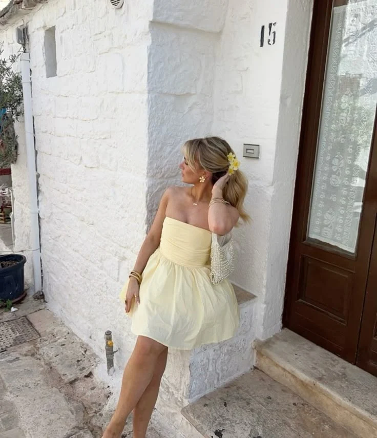 Robe de soirée élégante jaune sans bretelles pour bal de promo, anniversaire