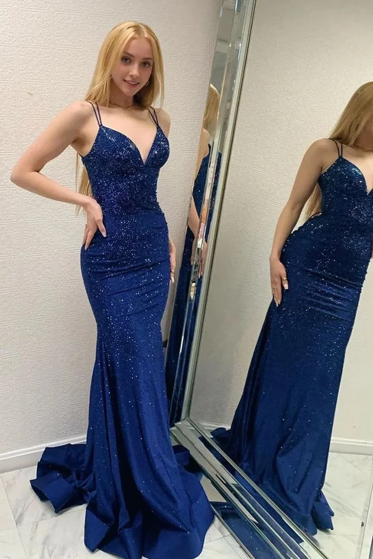 Robe de bal longue élégante bleu roi à bretelles spaghetti
