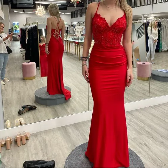 Robe de bal rouge à col en V, longue et élégante, tenue de soirée