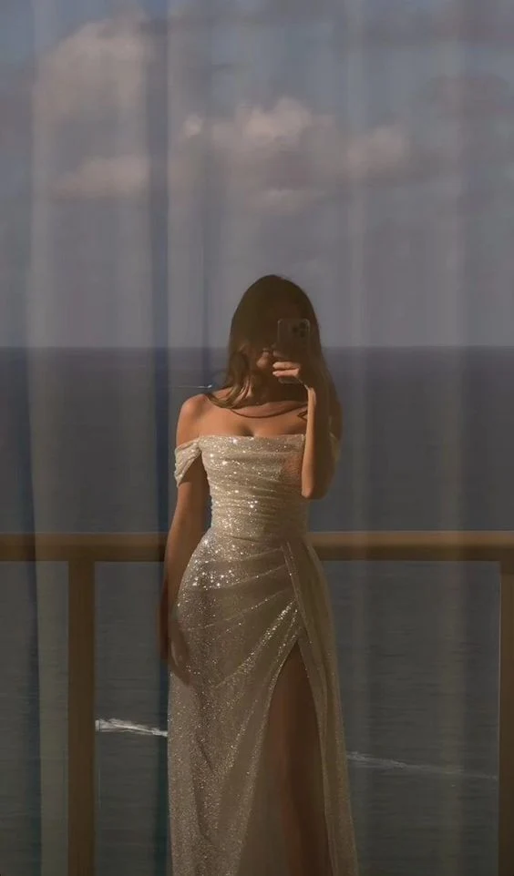 Robe de soirée blanche à paillettes, manches longues, épaules dénudées, pour bal de promo ou mariage