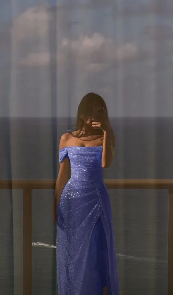 Robe de soirée blanche à paillettes, manches longues, épaules dénudées, pour bal de promo ou mariage