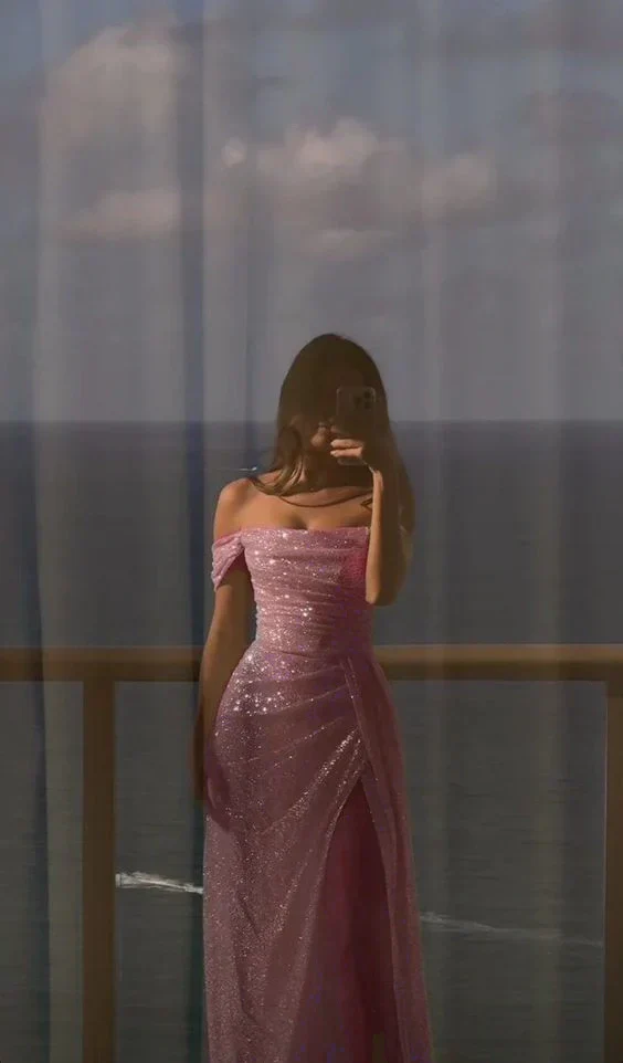 Robe de soirée blanche à paillettes, manches longues, épaules dénudées, pour bal de promo ou mariage