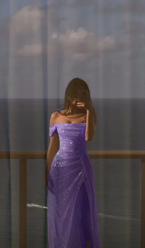 Robe de soirée blanche à paillettes, manches longues, épaules dénudées, pour bal de promo ou mariage